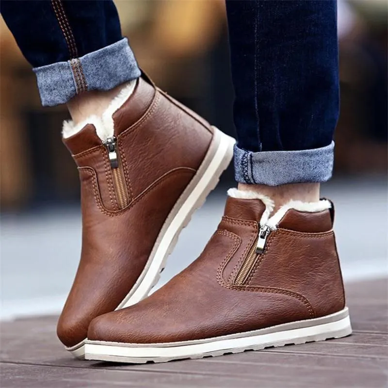 Men's Winter Warm Boots Plush Snow Ankle Boots Fur Leather Footwear