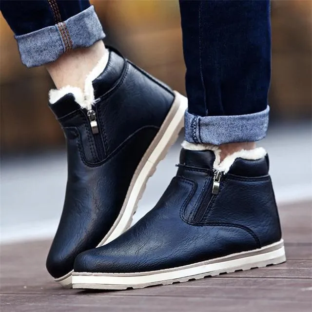 Men's Winter Warm Boots Plush Snow Ankle Boots Fur Leather Footwear