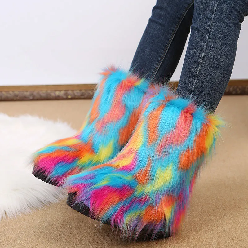 Winter Multicolor Fluffy Anti-skid Flat Heel Lining Fur Keep Warm Women Snow Boots