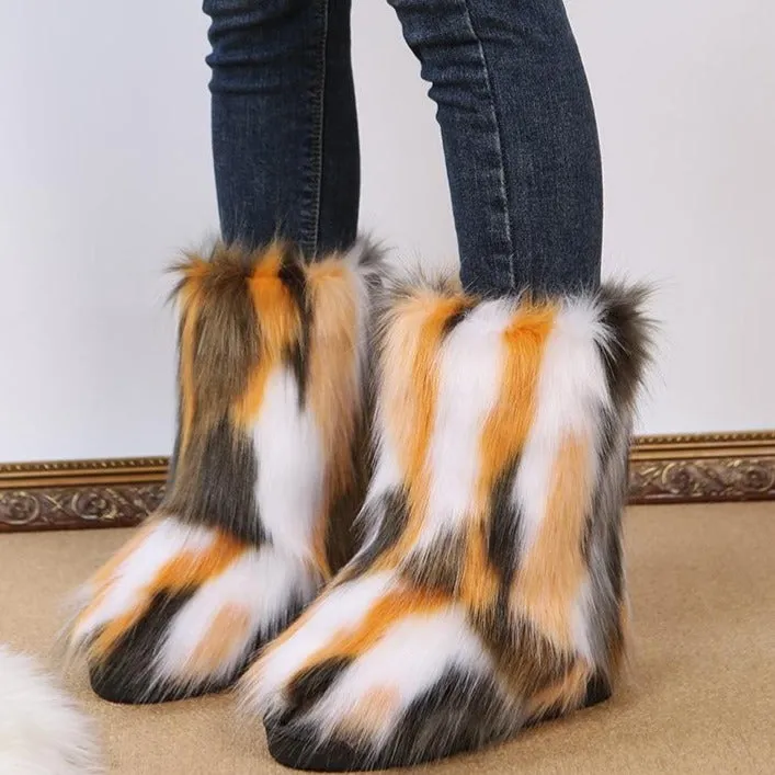 Winter Multicolor Fluffy Anti-skid Flat Heel Lining Fur Keep Warm Women Snow Boots