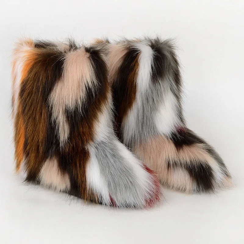Winter Multicolor Fluffy Anti-skid Flat Heel Lining Fur Keep Warm Women Snow Boots