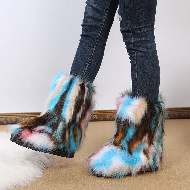 Winter Multicolor Fluffy Anti-skid Flat Heel Lining Fur Keep Warm Women Snow Boots