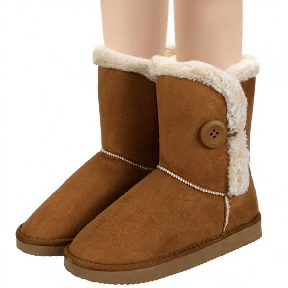 Women Winter Faux Fur Suede EVA Button Closure Warm Short Snow Boots